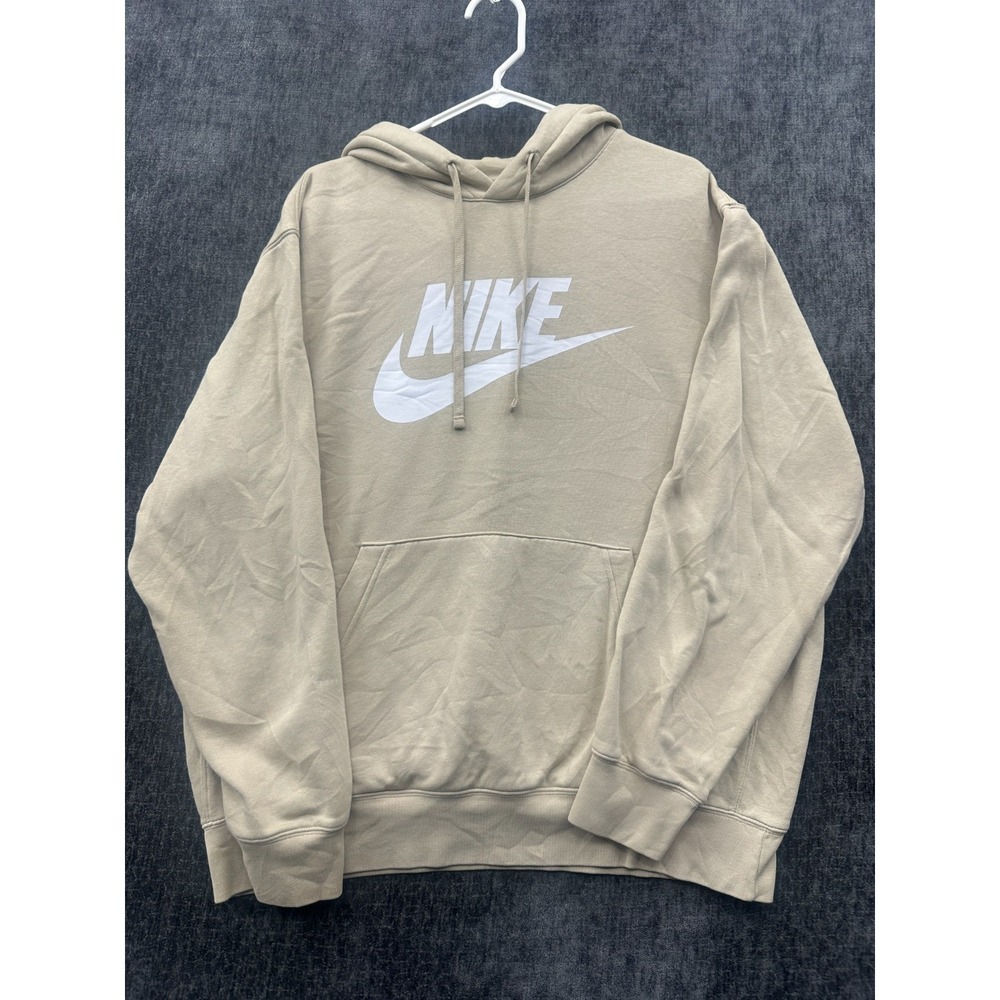 Nike Hoodie Men Large Beige Sportswear Club Fleece Lined Spell Out Logo Pullover